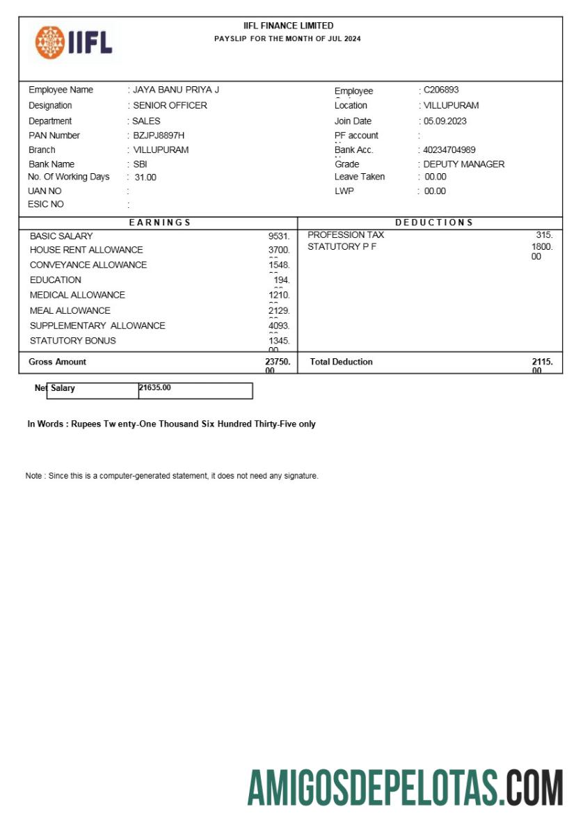 Profesional Iifl Keuangan payslip templat in Word and PDF format.PDF, 1