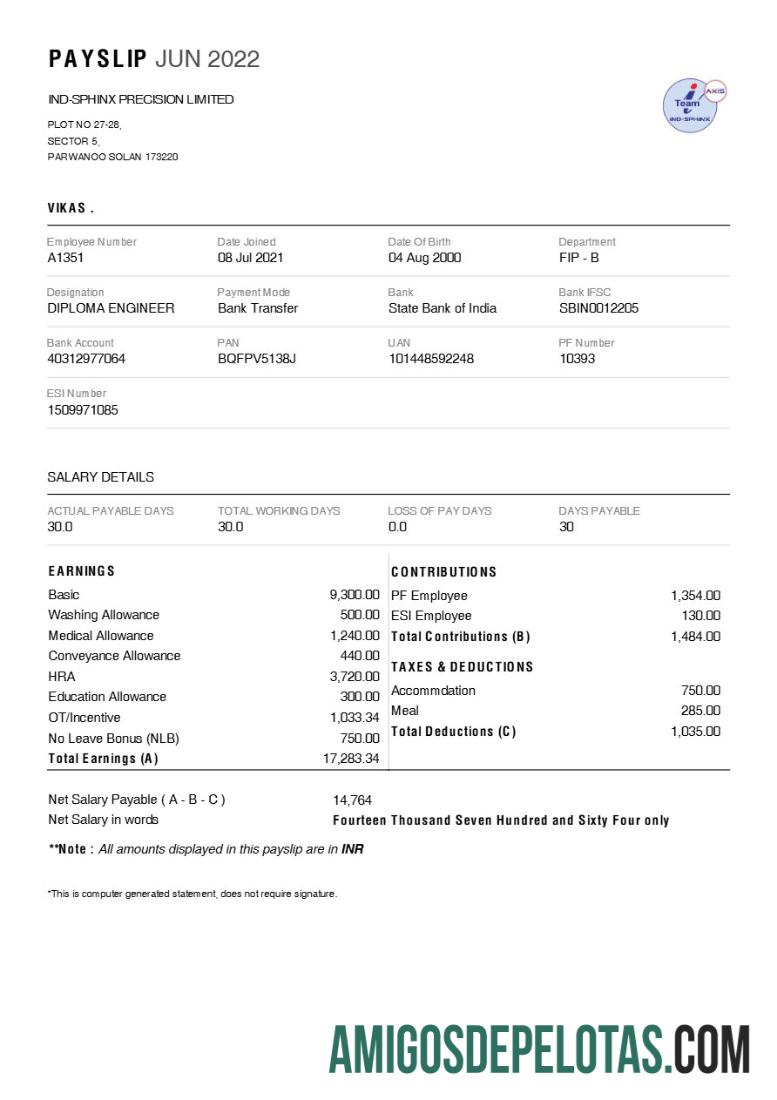 Profesional Ind Sphinx Precision (Alat manufacturer) payslip templat in Word and PDF format.PDF, 1