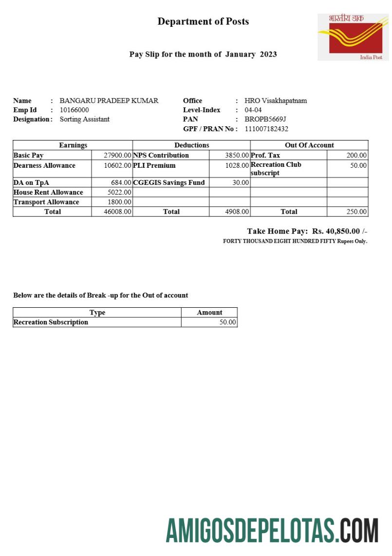 Profesional India Post payslip templat in Word and PDF format.PDF, 1