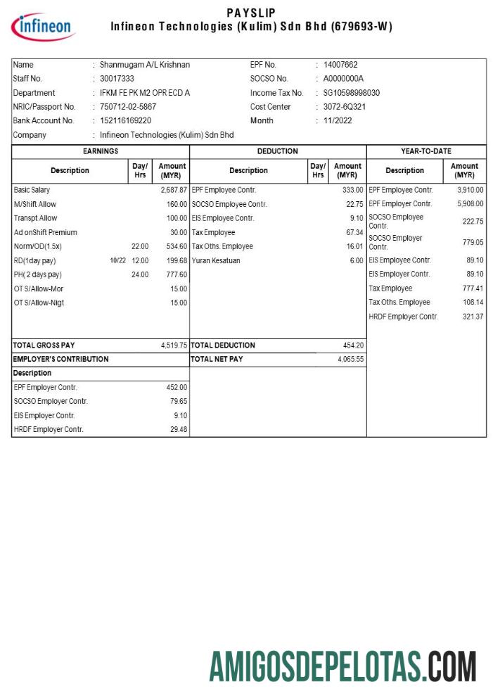 Dapat Diedit Infineon Technologies payslip templat in Word and PDF format.PDF, 1