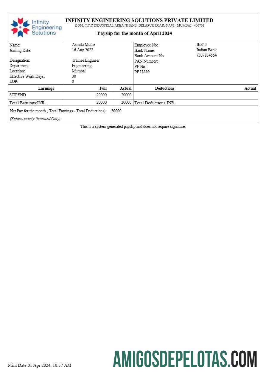 Realistis Infinity teknik Solutions payslip templat in Word and PDF format.PDF, 1