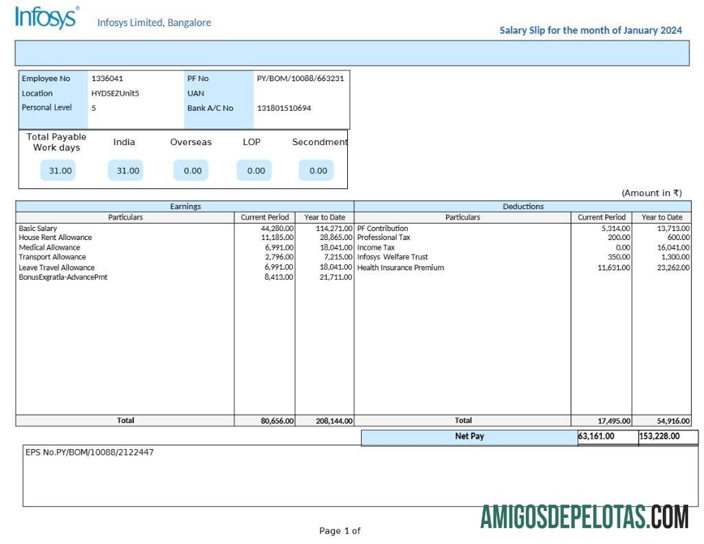 Realistis Infosys Teknologi Perusahaan salary slip templat in Word and PDF format.PDF, 1