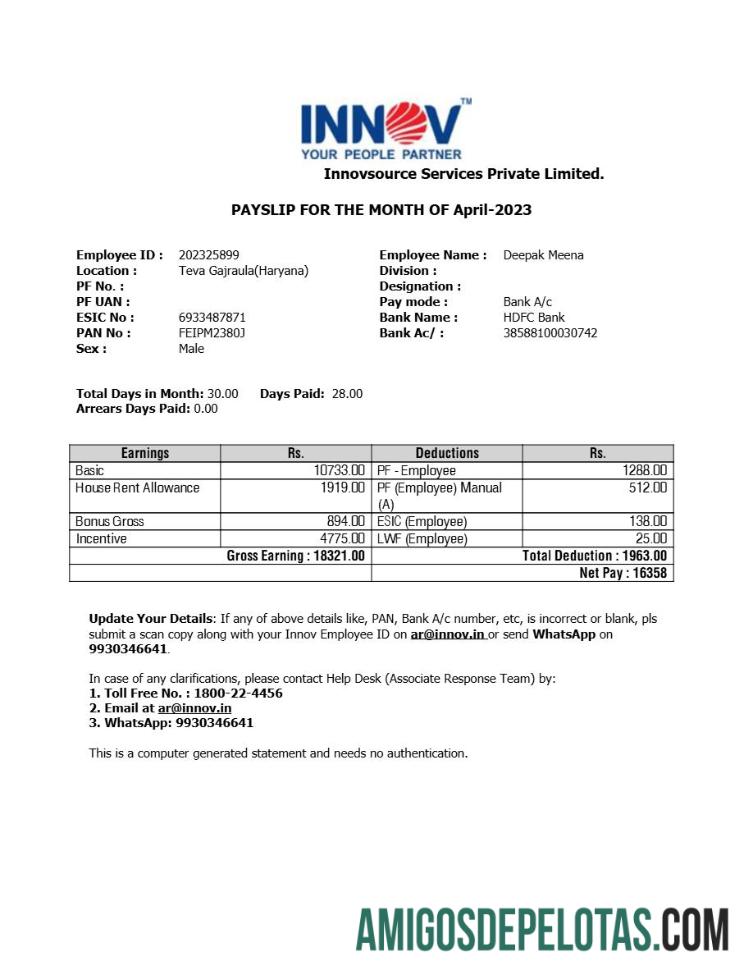 Berkualitas Innovsource Services staffing Perusahaan payslip templat in Word and PDF format.PDF, 1