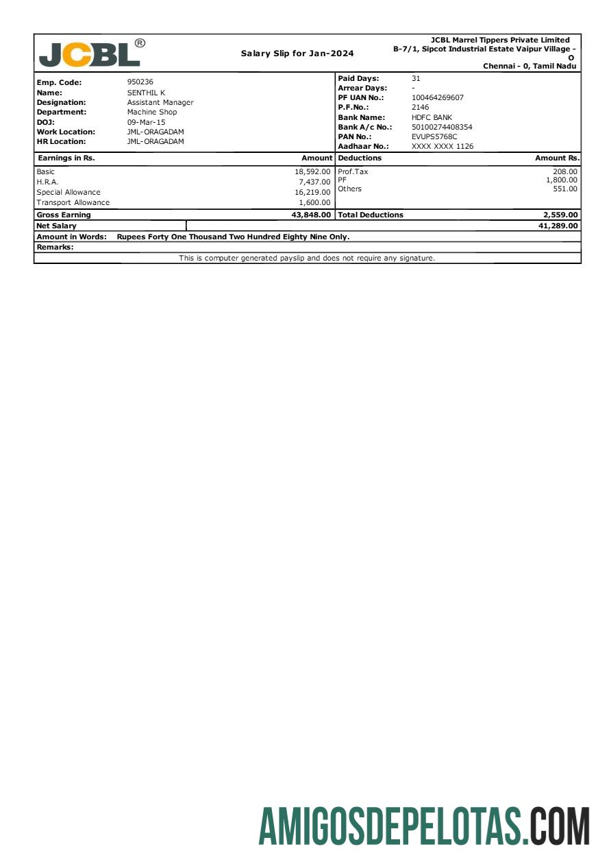 Berkualitas JCBL Marrel Tippers manufacturer payslip templat in Word and PDF format.PDF, 1