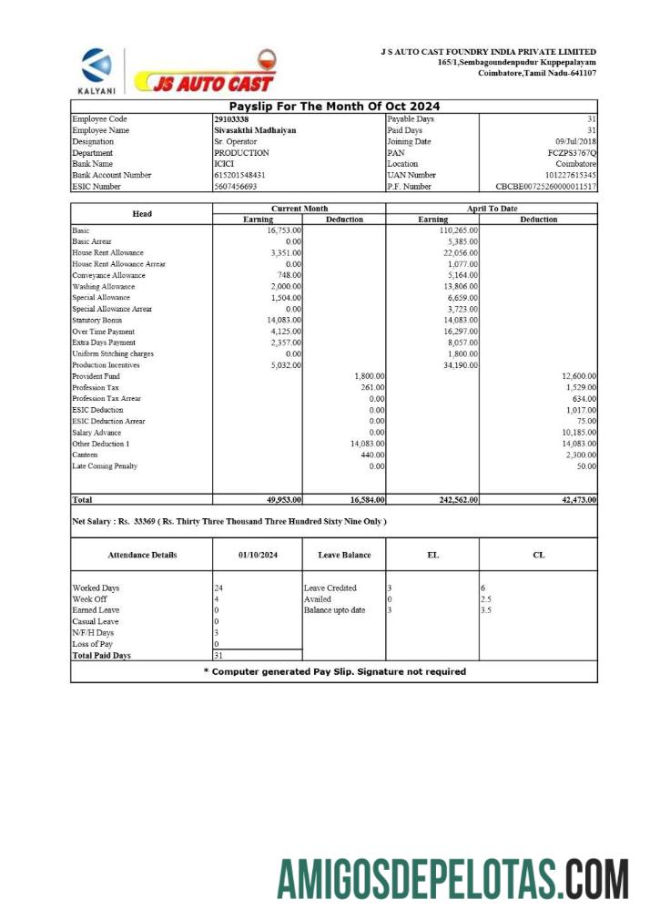 Profesional JS Auto Cast Foundry India payslip templat in Word and PDF format.PDF, 1