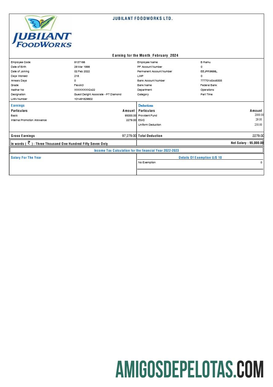Dapat Diedit Jubilant FoodWorks payslip templat in Word and PDF format.PDF, 1