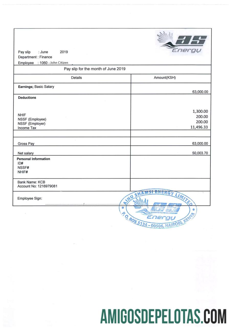 Kenya AINU Shamsi Energy Limited payslip in Word and PDF format desain