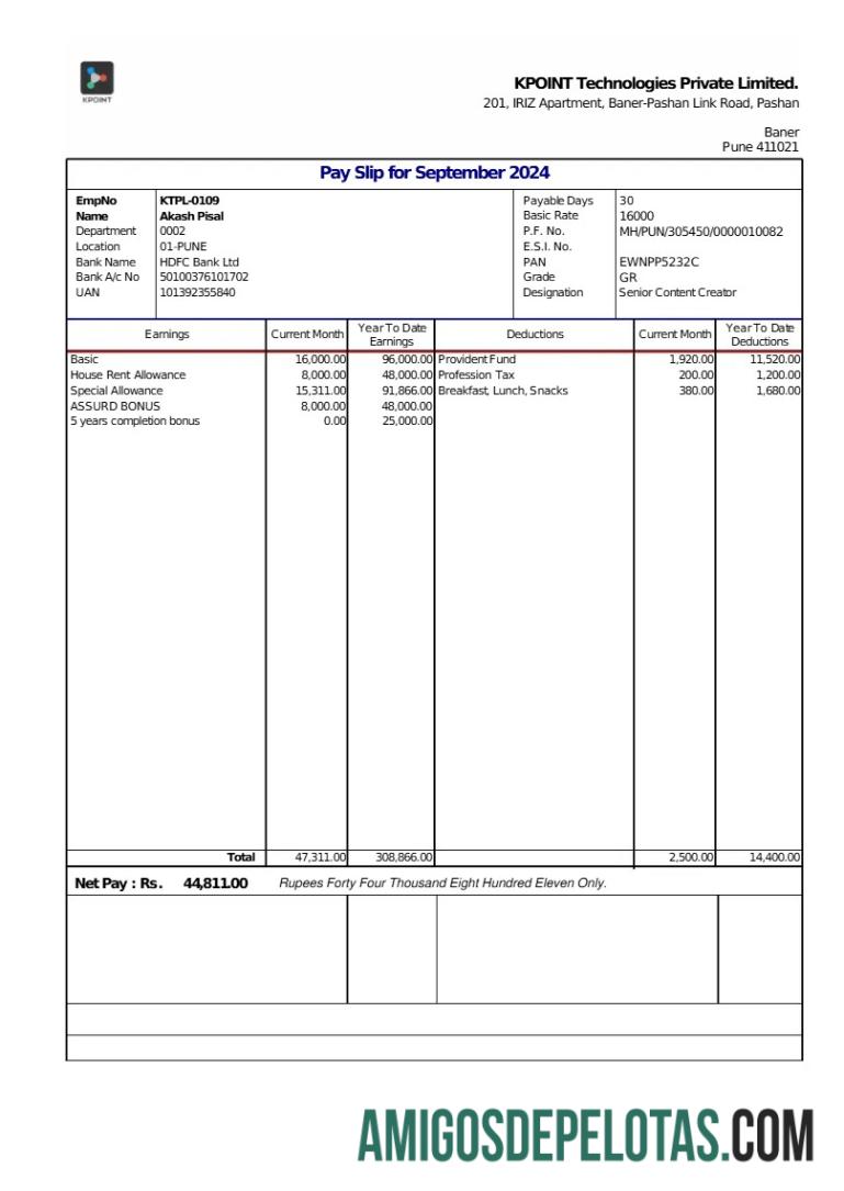 Dapat Diedit KPOINT Technologies payslip templat in Word and PDF format.PDF, 1