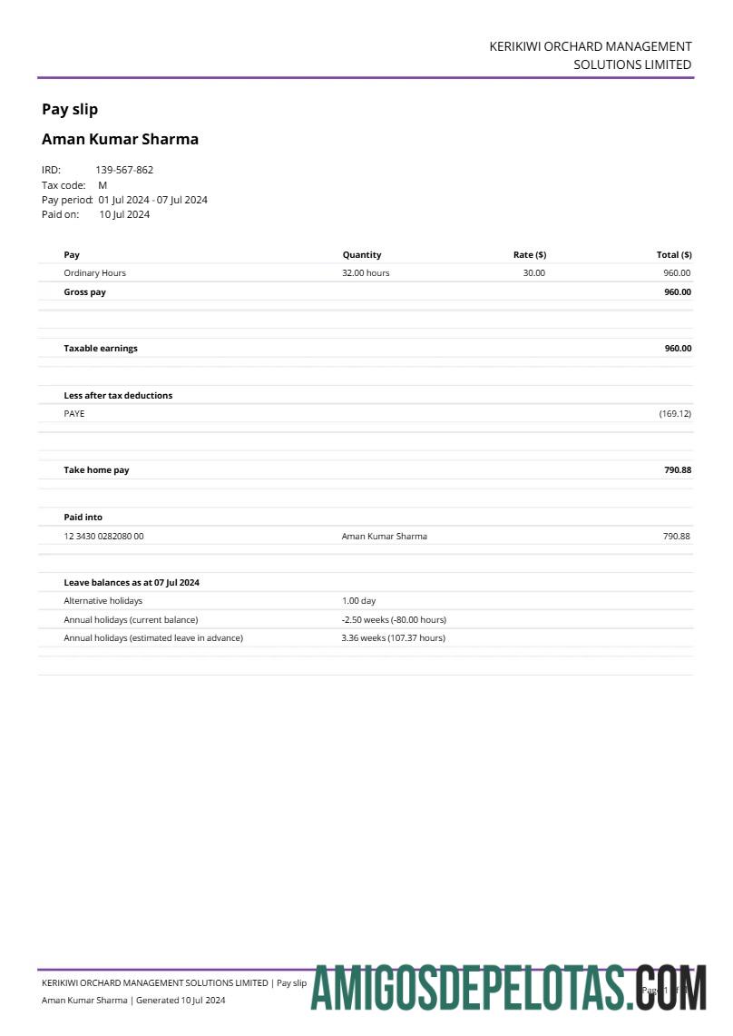 Realistis Kerikiwi Orchard Management Solutions payslip templat in Word and PDF format.PDF, 1