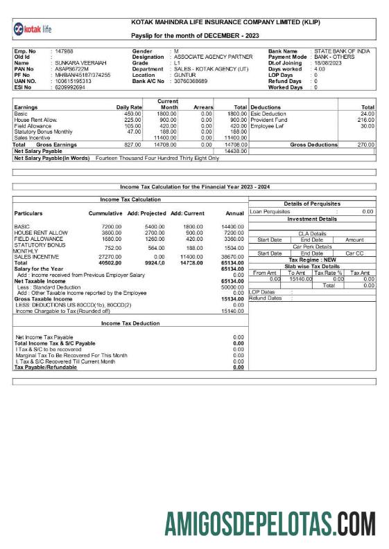 Premium Kotak Life asuransi Perusahaan payslip templat in Word and PDF format.PDF, 1