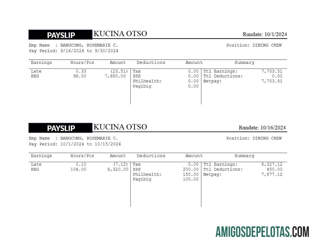 Profesional Kusina Otso restaurant payslip templat in Word and PDF format.PDF, 1