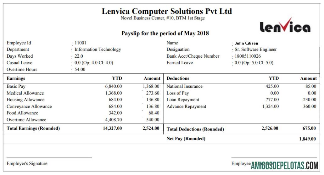 LENVICA computer solutions Pvt Ltd payslip in Word and PDF format sampel