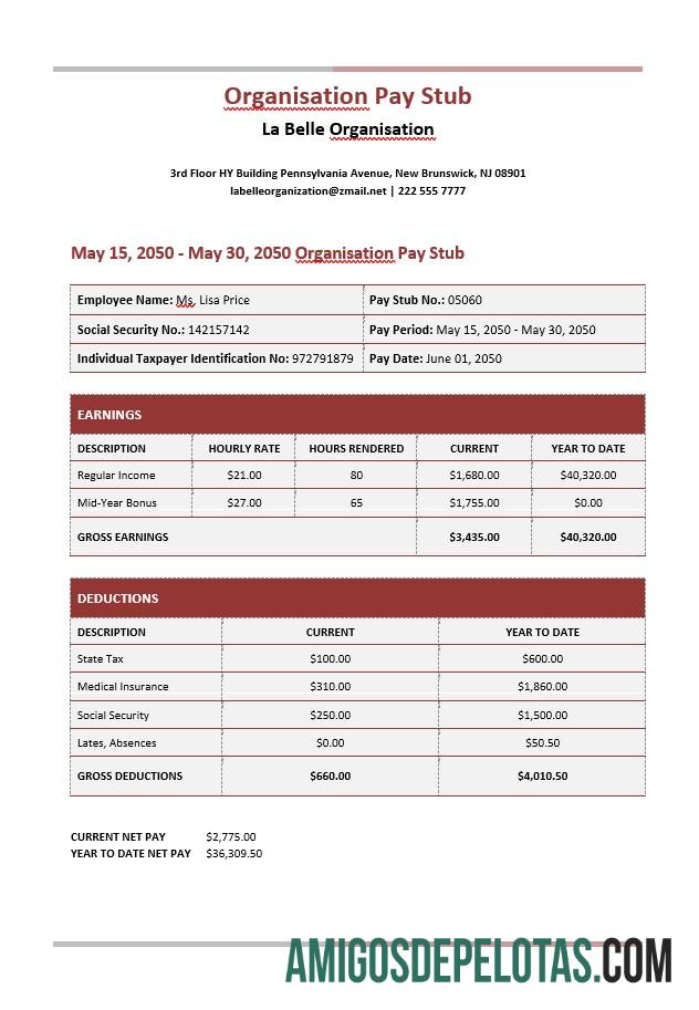 Dapat Diedit La Belle Organisation Paystub Word and PDF templat