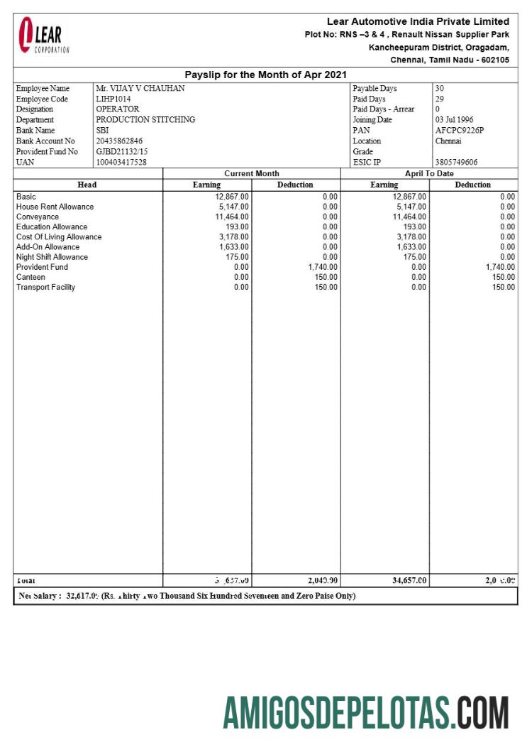 Berkualitas Lear Automotive India payslip templat in Word and PDF format.PDF, 1