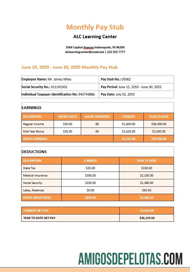 Realistis Learning Center Monthly Paystub Word and PDF templat