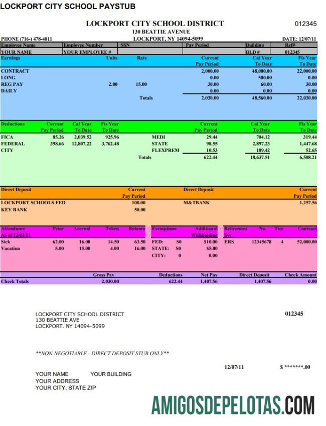 Profesional Lockport City sekolah pay stub Word and PDF templat
