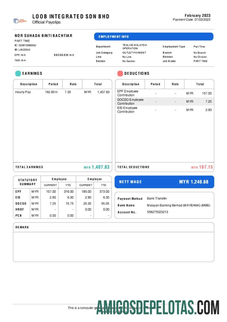 Premium Loob Integrated tea brand payslip templat in Word and PDF format.PDF, 1