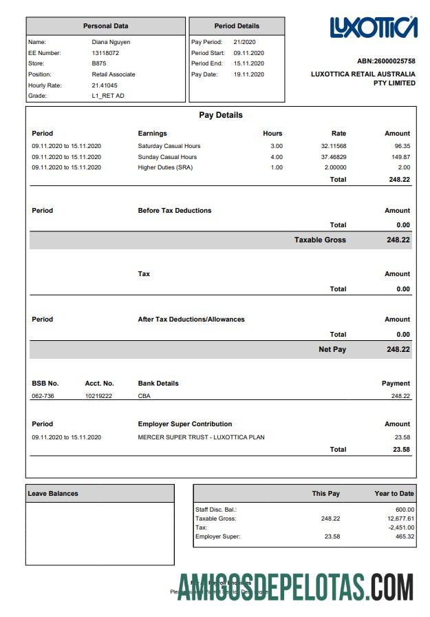 Luxottica Retail Paystub sampel