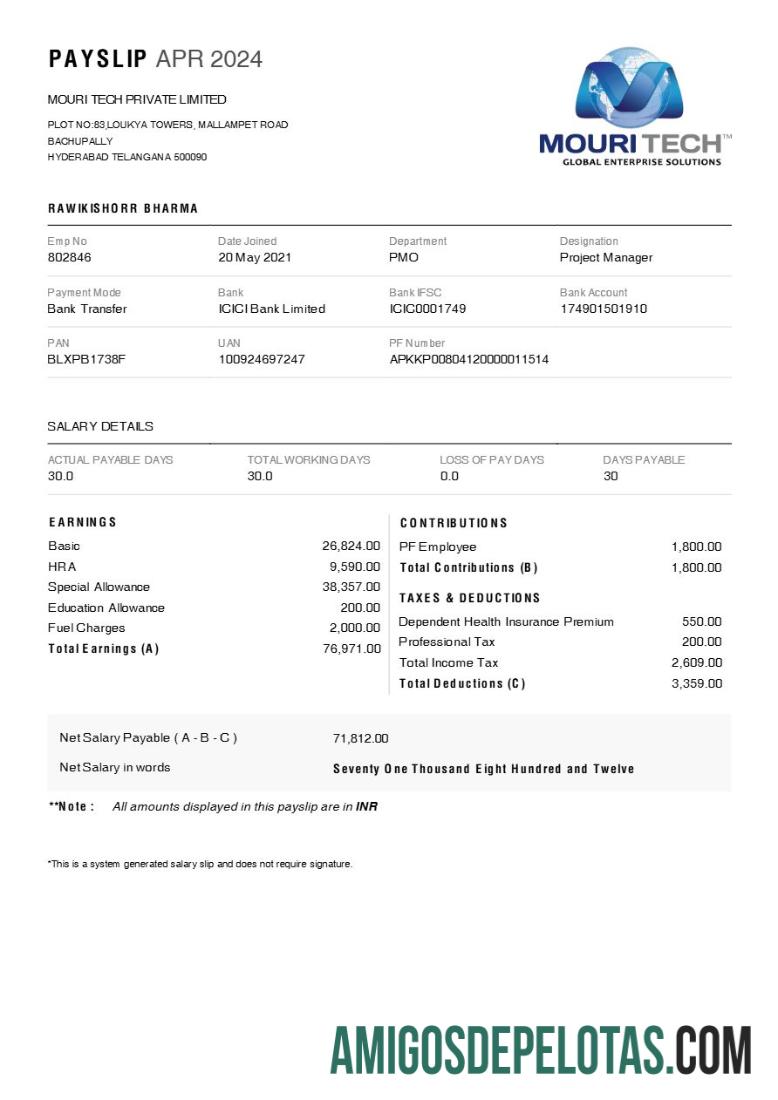 Realistis MOURI Tech payslip templat in Word and PDF format.PDF, 1