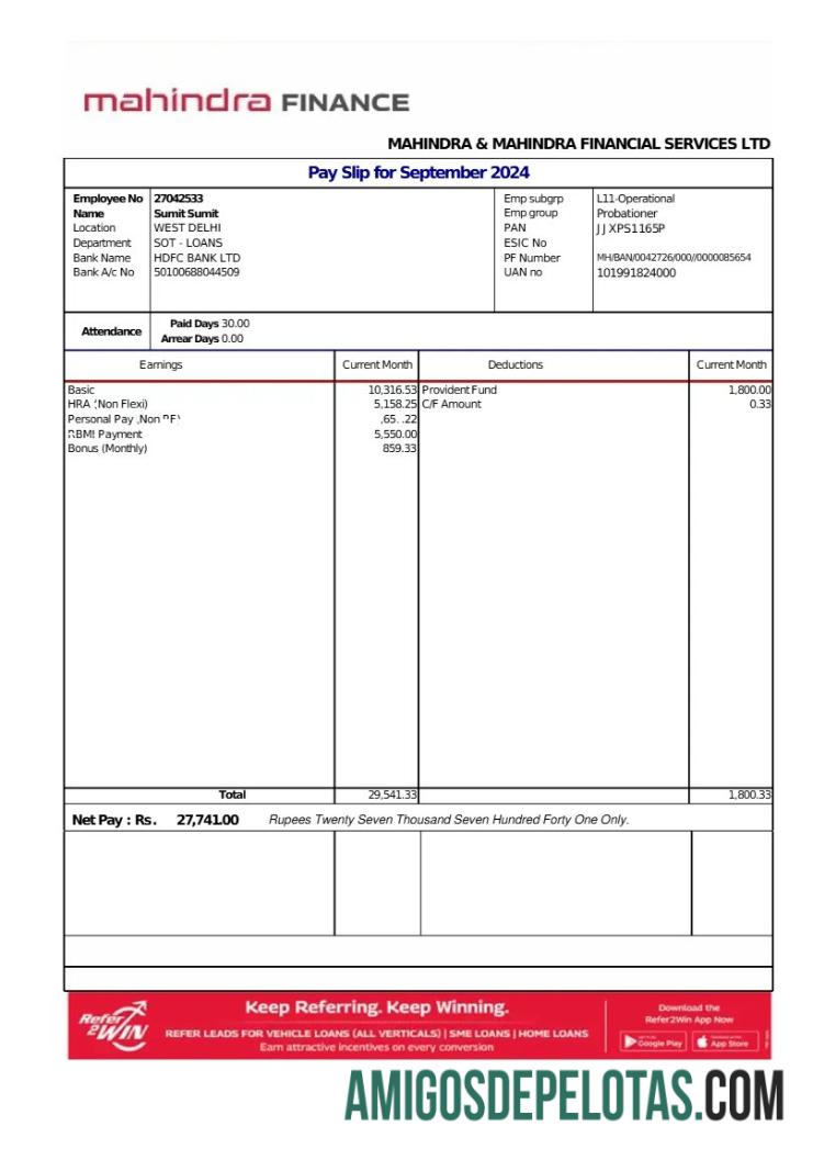 Premium Mahindra Financial Services LTD payslip templat in Word and PDF format.PDF, 1