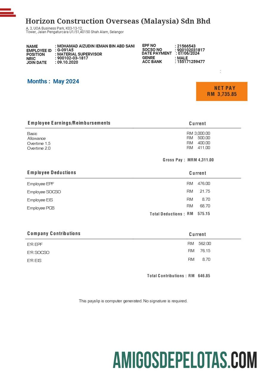 Berkualitas Malaysia Horizon Construction Overseas payslip templat in Word and PDF format.PDF, 1