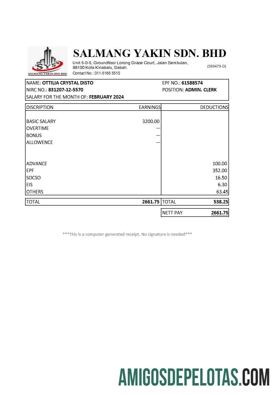 Profesional Malaysia Salmang Yakin construction Perusahaan payslip templat in Word and PDF format.PDF, 1