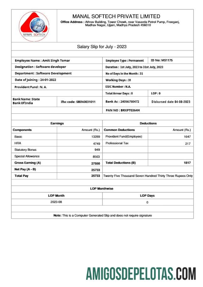 Profesional Manal Softech salary slip templat in Word and PDF format.PDF, 1