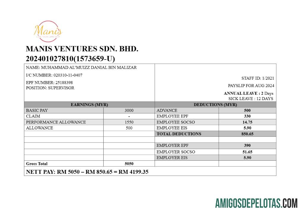 Profesional Manis Ventures cafe payslip templat in Word and PDF format.PDF, 1