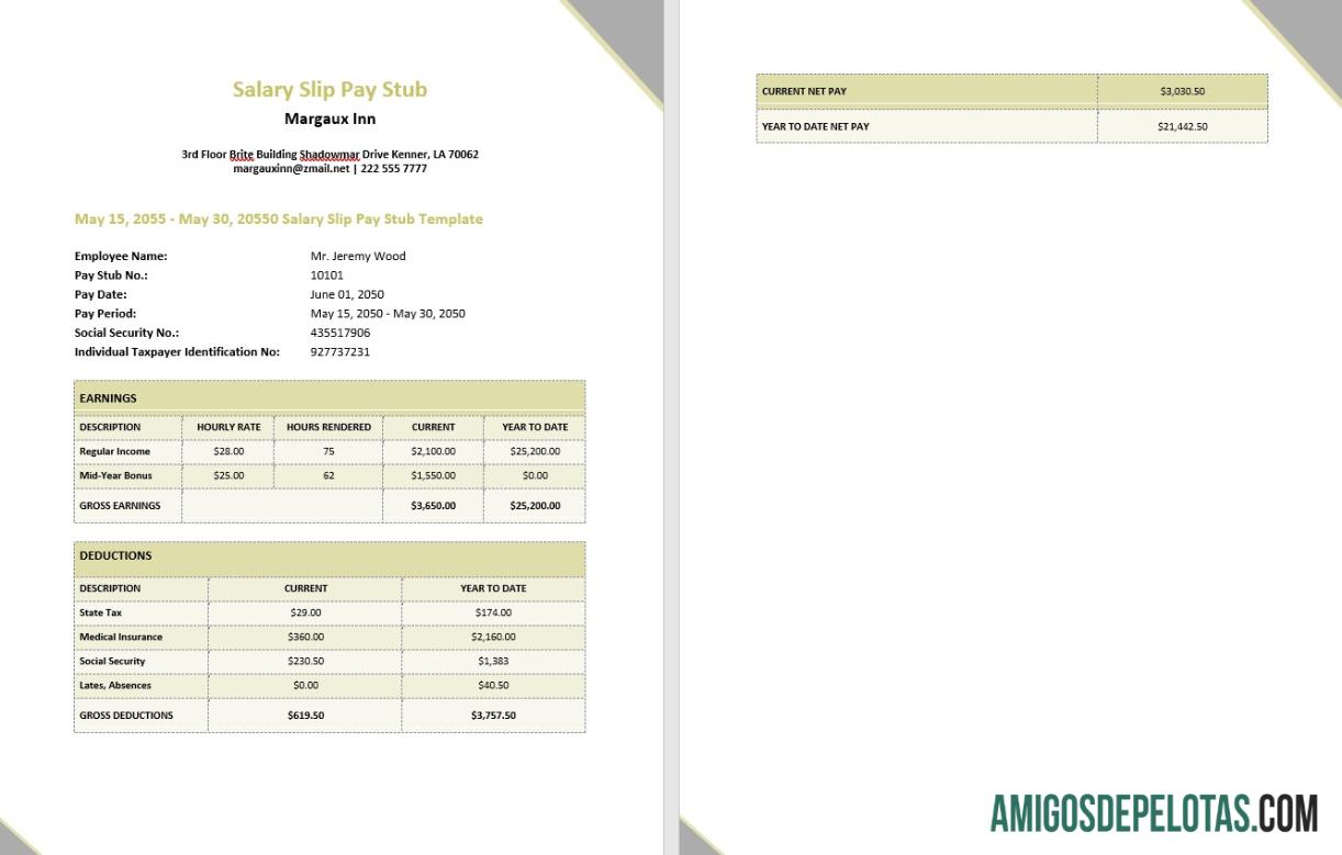 Margaux Inn Salary Slip pay stub in PDF and Word format desain