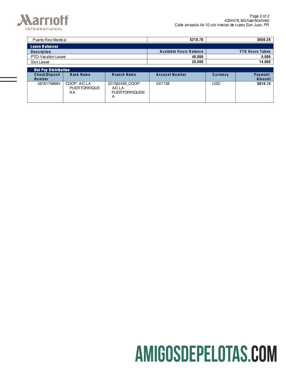 Dapat Diedit Marriott International payslip templat in Word and PDF format.PDF, 2