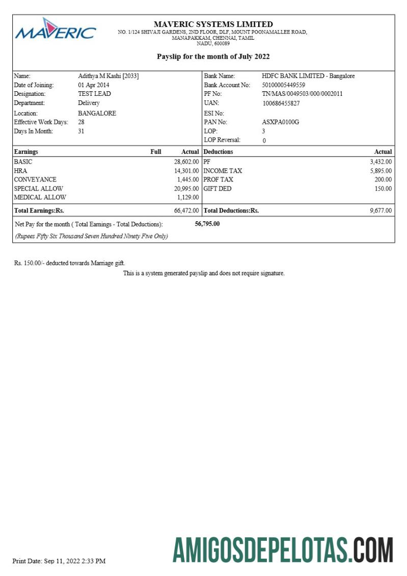 Berkualitas Maveric Systems teknik Perusahaan payslip templat in Word and PDF format.PDF, 1