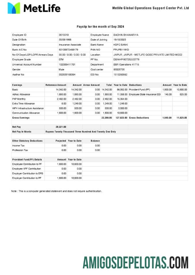 Berkualitas Metlife Global Operations Dukungan Center payslip templat in Word and PDF format.PDF, 1