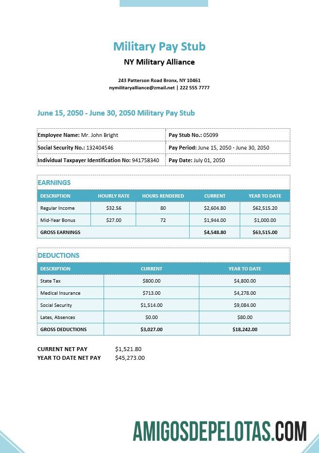 Realistis Military Pay Stub templat