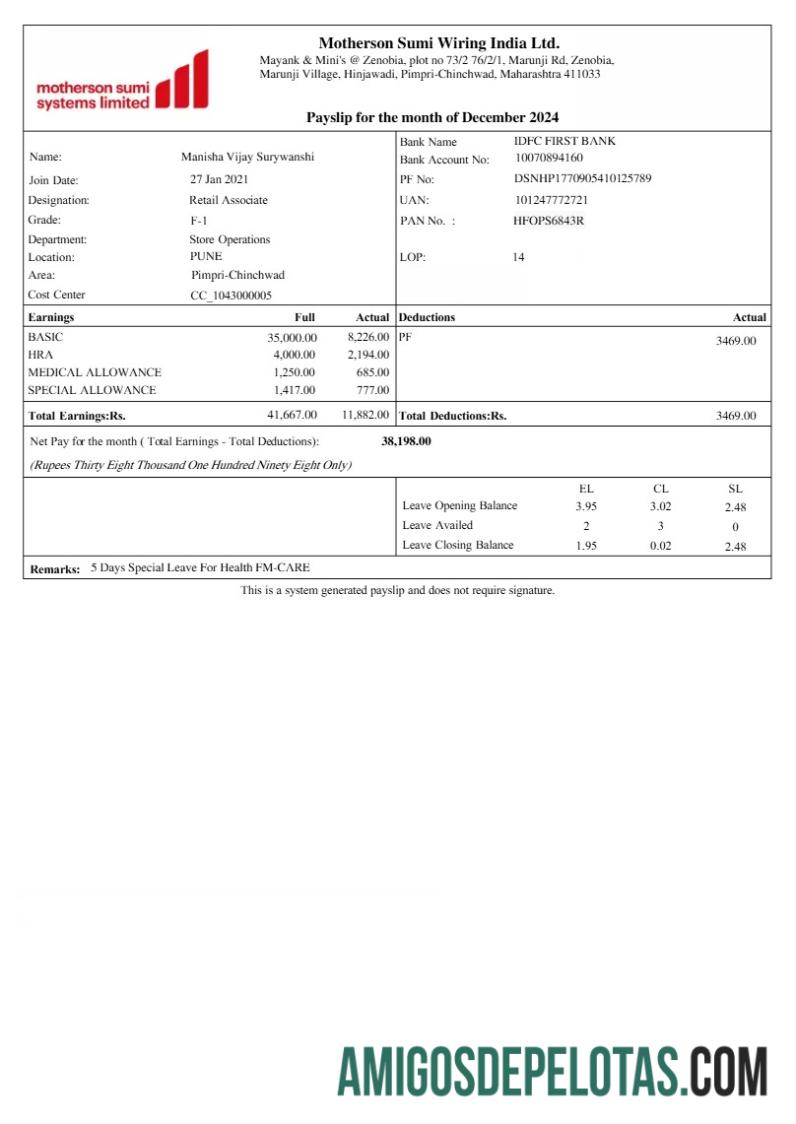 Dapat Diedit Motherson Sumi Wiring harness payslip templat in Word and PDF format.PDF, 1