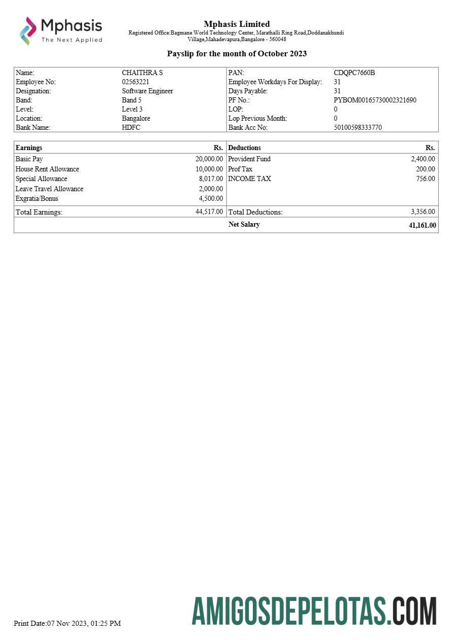 Berkualitas Mphasis IT Perusahaan payslip templat in Word and PDF format.PDF, 1