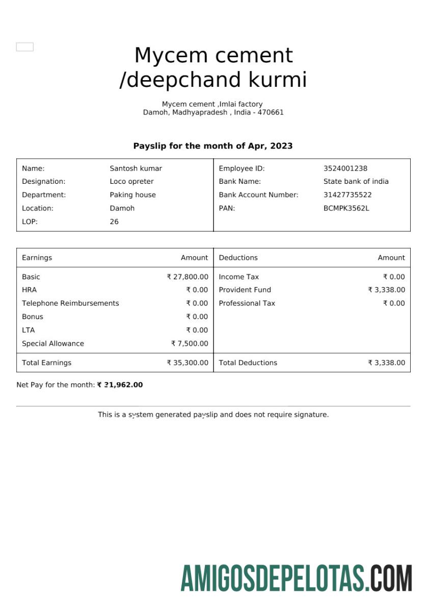 Profesional Mycem cement payslip templat in Word and PDF format.PDF, 1