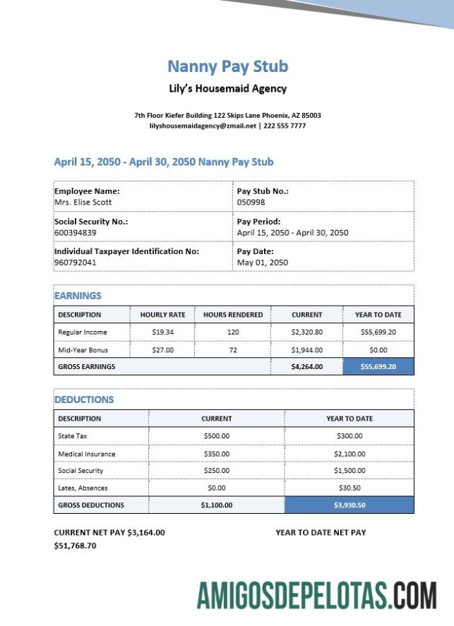 Dapat Diedit Nanny Pay Stub templat