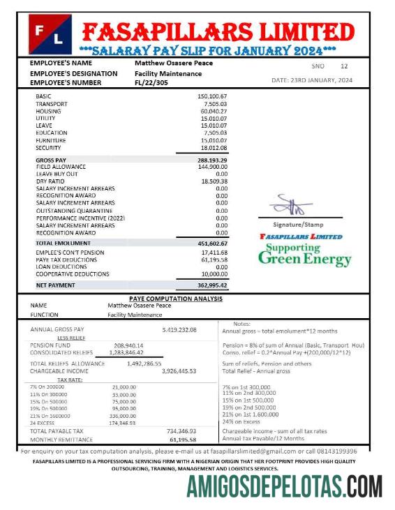 Profesional Nigeria Fasapillars Limited corporate office payslip templat in Word and PDF format.PDF, 1
