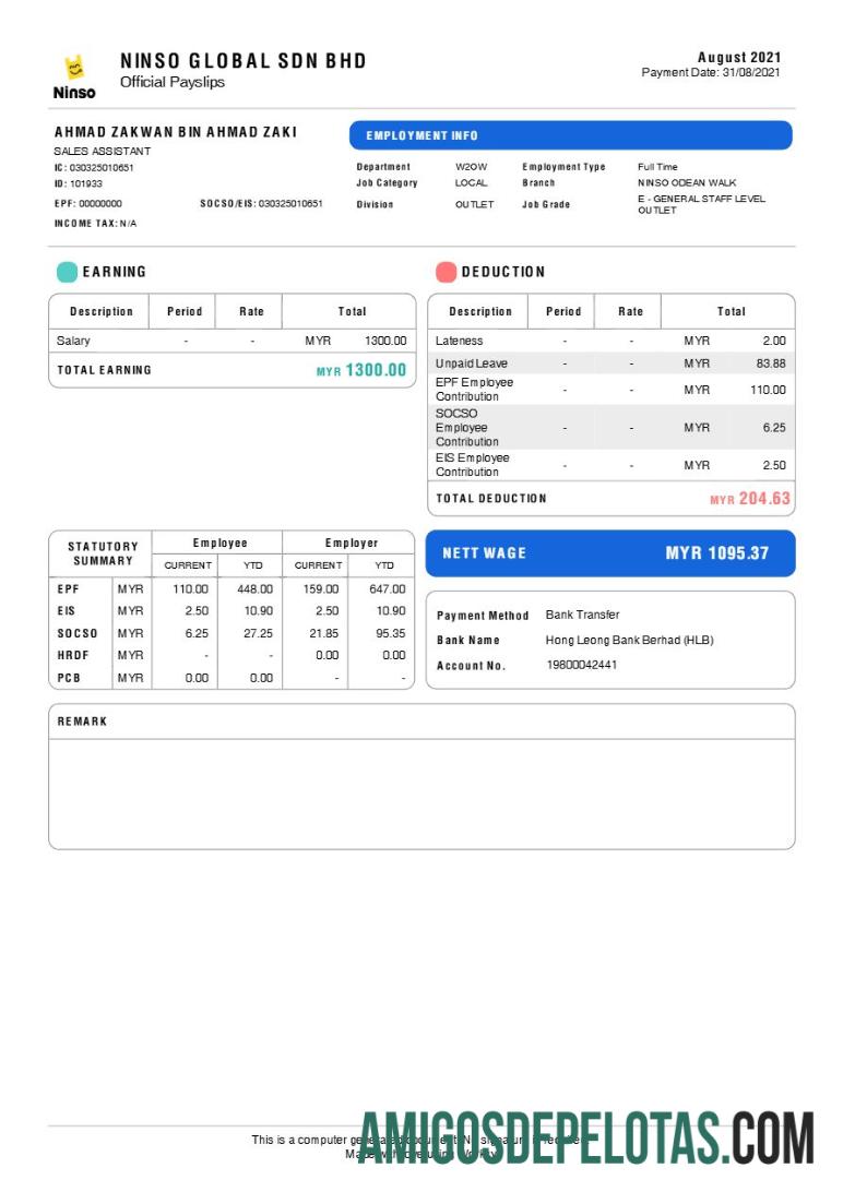 Berkualitas Ninso Global Sdn. Bhd. payslip templat in Word and PDF format.PDF, 1