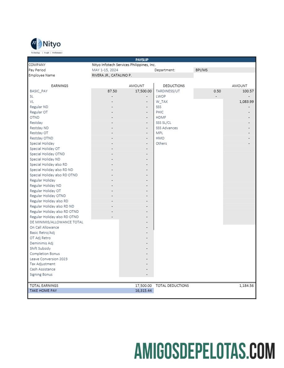 Dapat Diedit Nityo Infotech Services Filipina payslip templat in Word and PDF format.PDF, 1