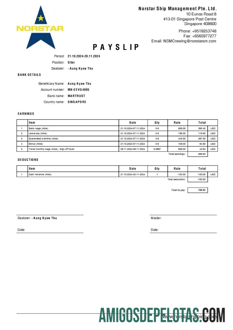 Realistis Norstar Ship Management payslip templat in Word and PDF format.PDF, 1