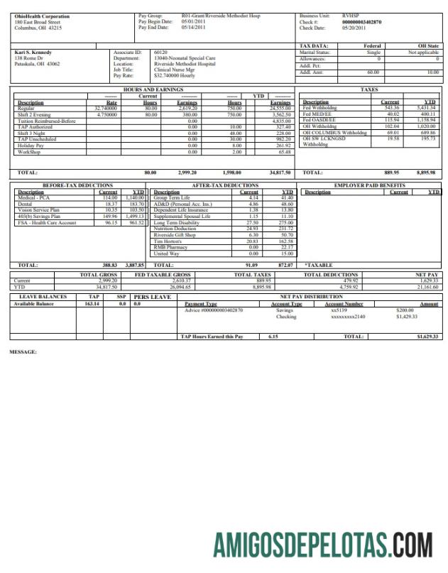 OhioHealth Corporation Paystub sampel