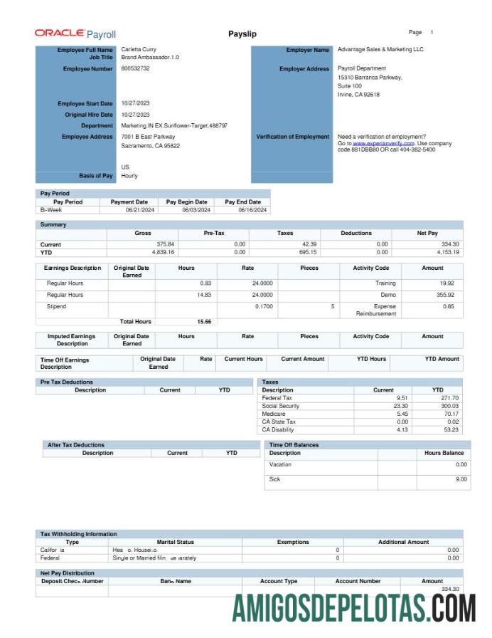 Berkualitas Oracle Payroll Advantage Penjualan & Pemasaran LLC payslip templat in Word and PDF format.PDF, 1