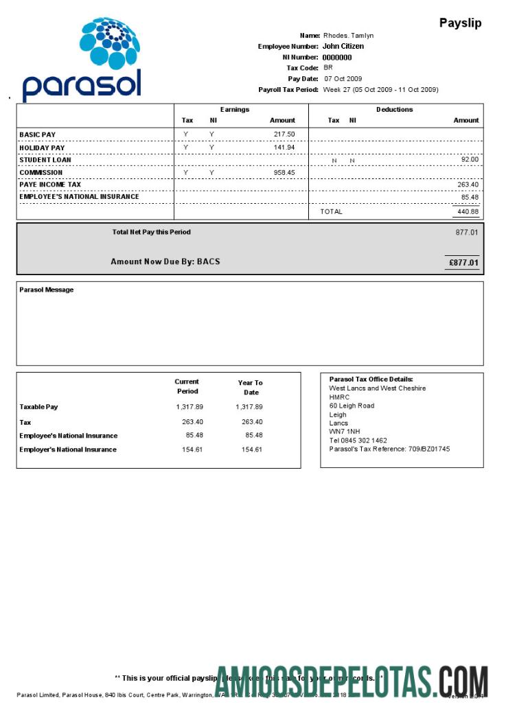 PARASOL Limited paystub in Word and PDF format sampel
