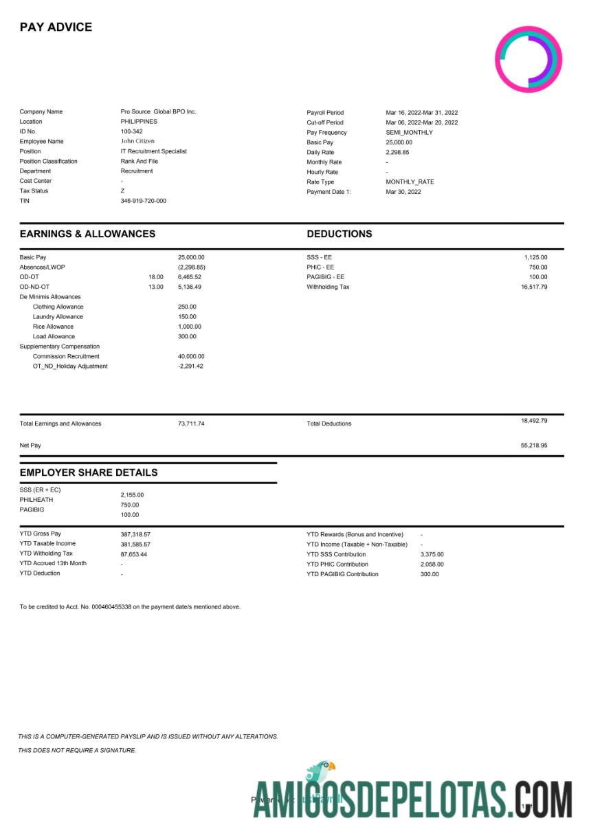 Filipina PRO Source Global BPO Inc. paystub in Word and PDF format pratinjau