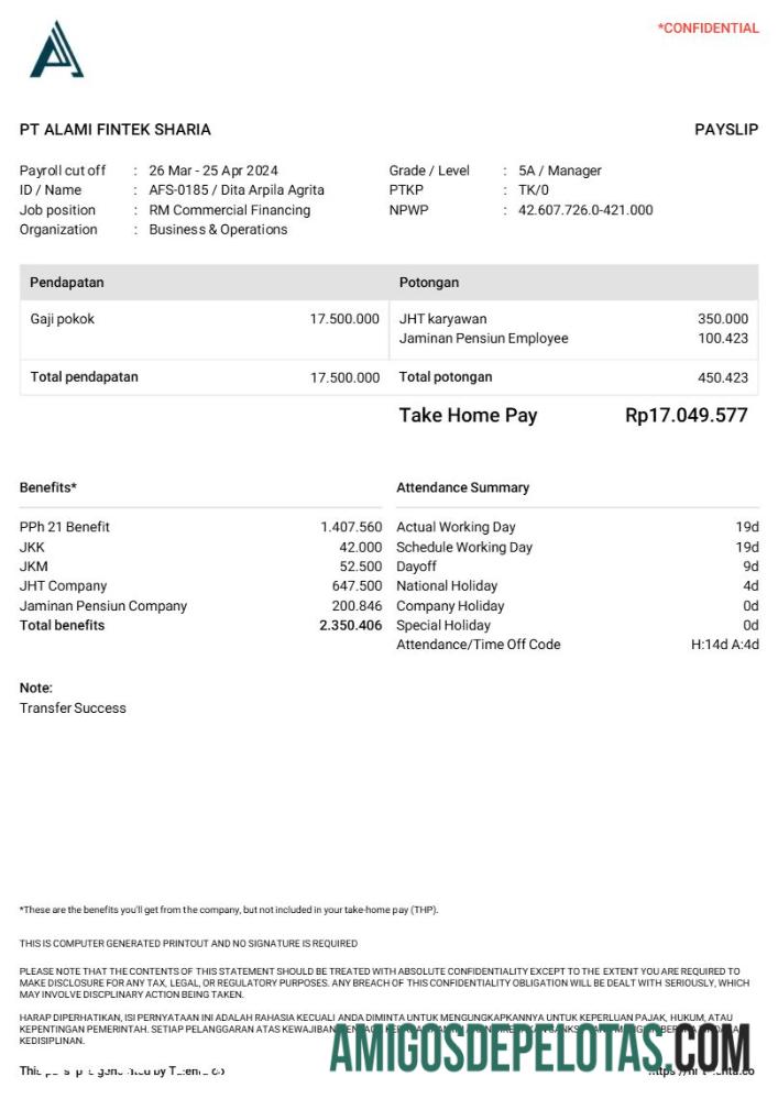 Profesional PT Alami Fintek Sharia payslip templat in Word and PDF format.PDF, 1