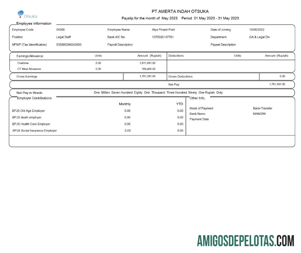 Dapat Diedit PT. Amerta Indah Otsuka payslip templat in Word and PDF format.PDF, 1