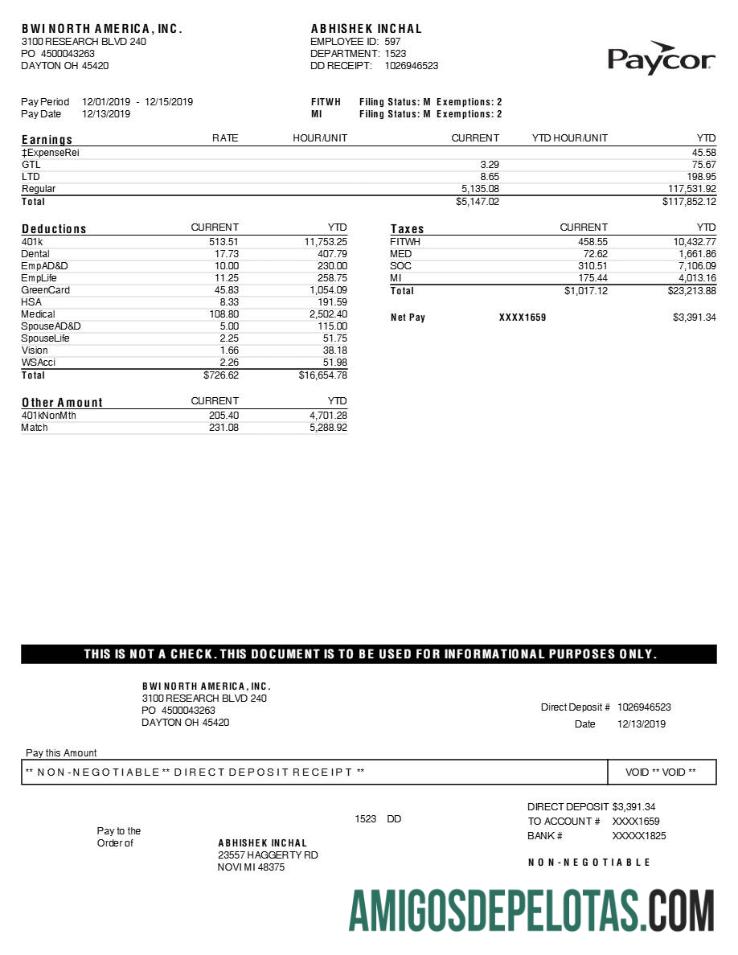 Premium Paycor BWI NORTH Amerika, INC. earnings laporan templat in Word and PDF format.PDF, 1