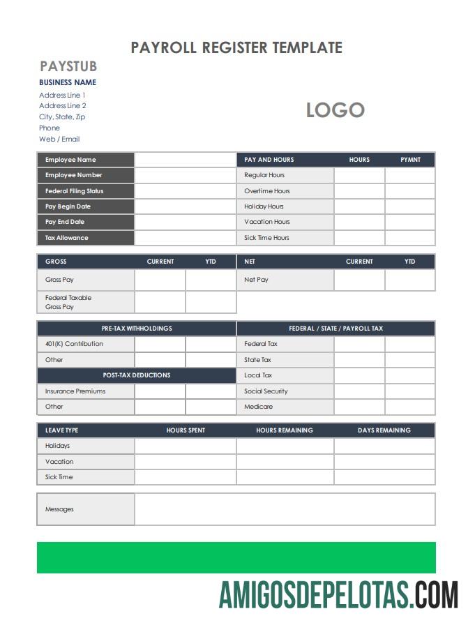 Dapat Diedit Payroll Register templat
