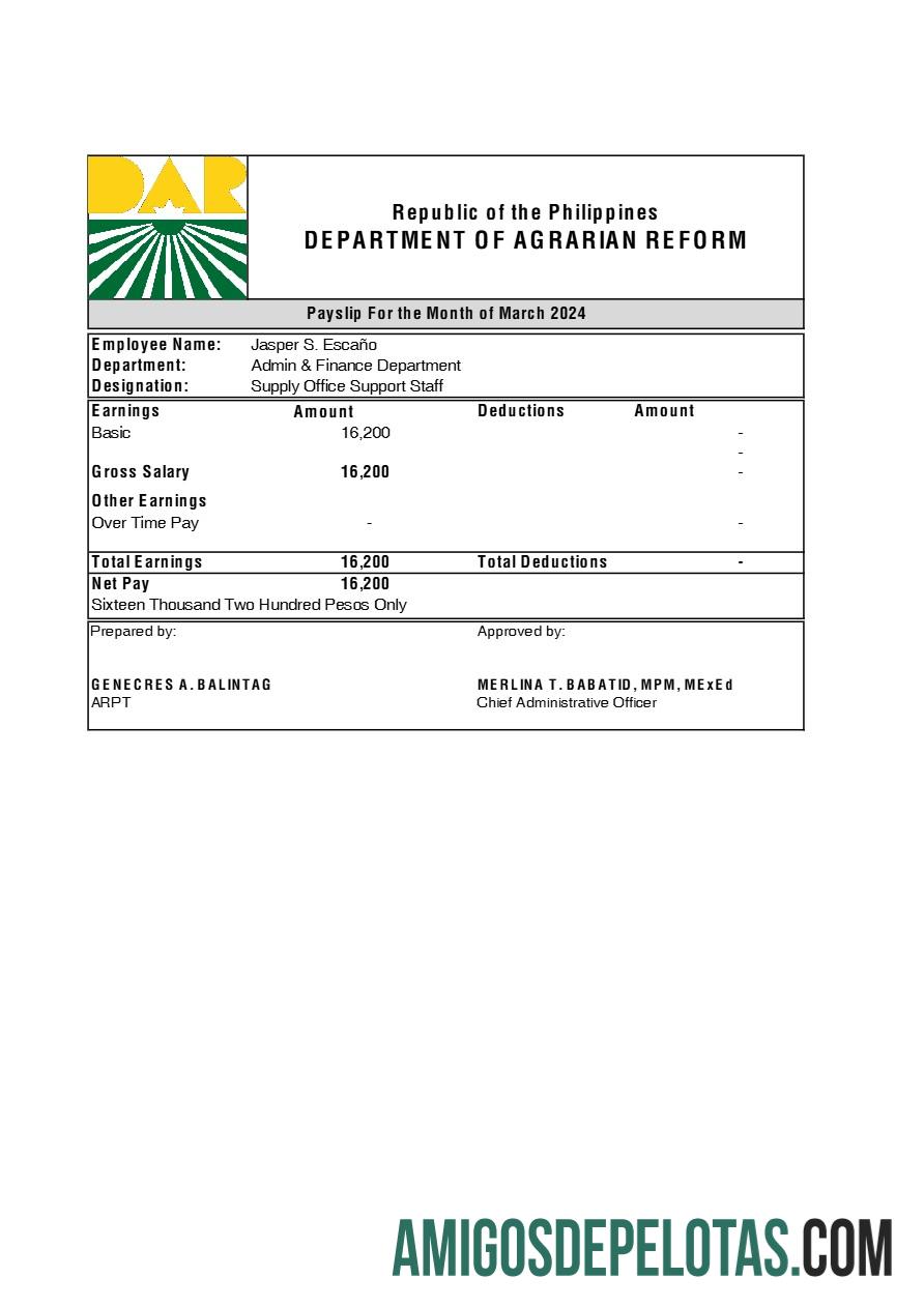 Realistis Filipina Department of Agrarian Reform payslip templat in Excel and PDF format.PDF, 1